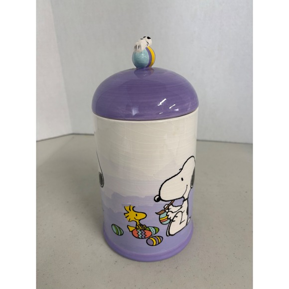 Peanuts Snoopy Woodstock Easter Ceramic Cookie Jar Canister Purple White - Picture 2 of 10